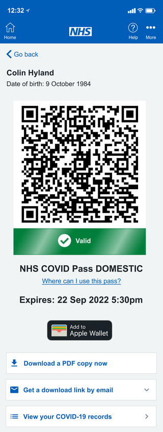NHS COVID Pass screen shot showing 2D bar code