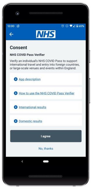 Smart phone showing the consent screen in the NHS COVID Pass Verifier app