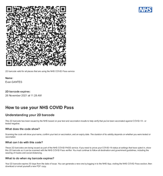 Example of PDF version of NHS COVID Pass from the NHS App