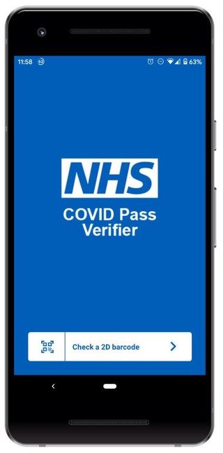 Smart phone showing the landing page for the NHS COVID Pass Verifier app
