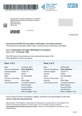 Screenshot of a COVID Pass letter