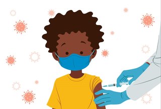 A child wearing a face mask receiving an injection into their arm