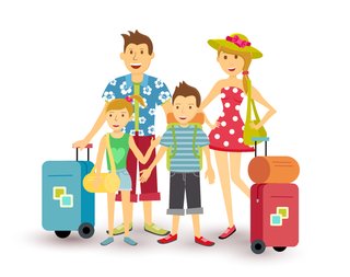 Two children and two adults with luggage